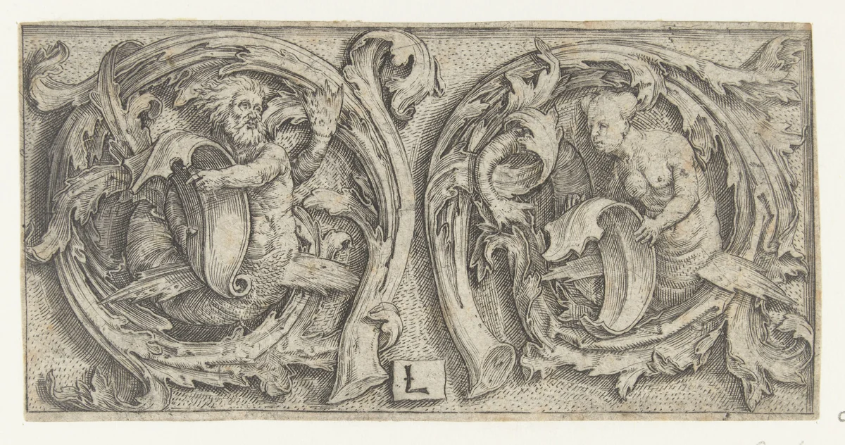 Ornament met triton en sirene by Unknown, print, 1508-1512