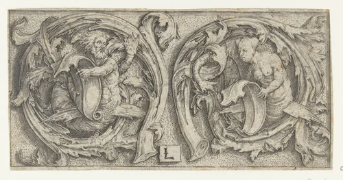 Ornament met triton en sirene by Unknown, print, 1508-1512