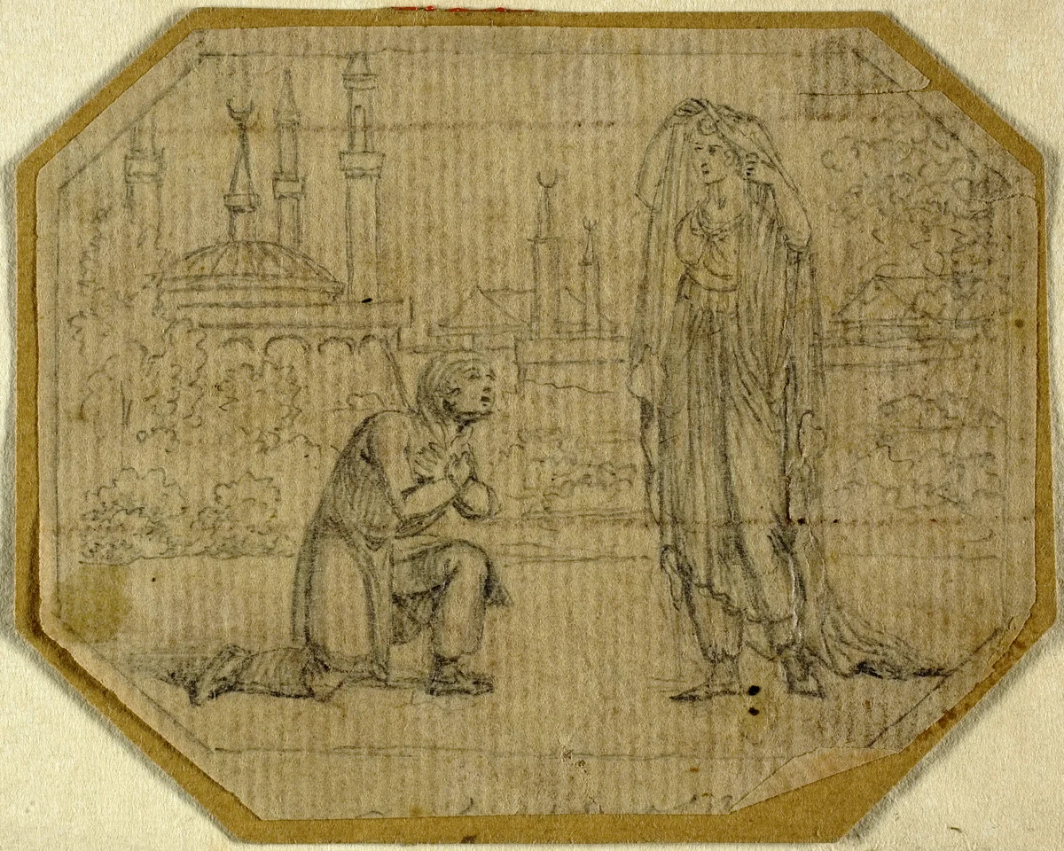 Man Kneeling Before Veiled Woman with Mosque in Background by Johann August Rossmassler, drawing, 1772-1783