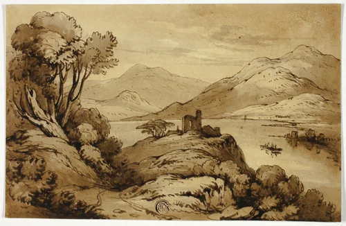 View of Mountain Lake by John Varley, drawing, 1815-1836