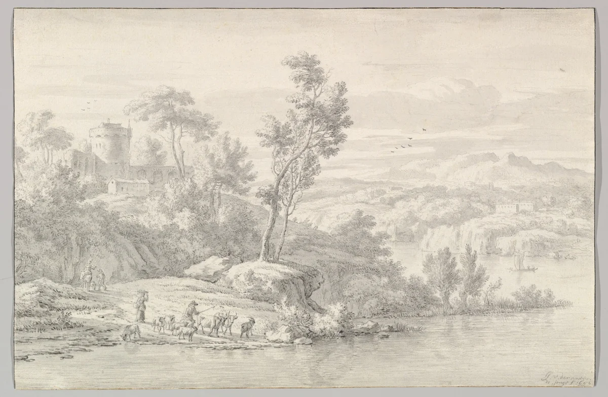 Southern Landscape with Figures and Cattle at a River by Jan van der Meer, drawing, 1686
