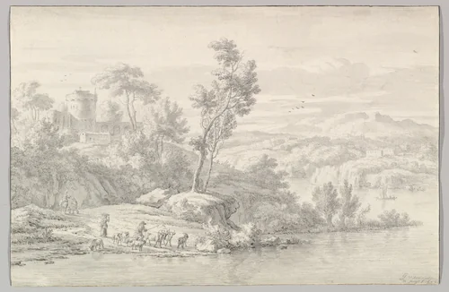 Southern Landscape with Figures and Cattle at a River by Jan van der Meer, drawing, 1686