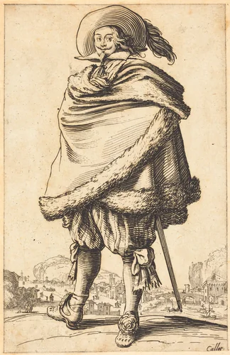 Noble Man Wrapped in a Mantle Trimmed with Fur by Jacques Callot, print, 1620-1623