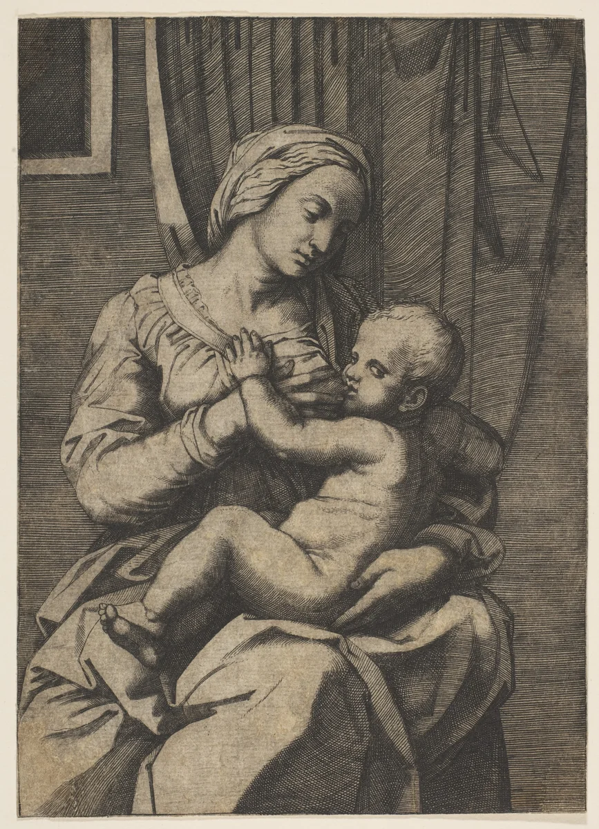 Virgin nursing the infant Christ on her lap by Marco Dente, print, 1515-1520