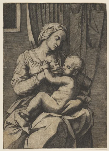 Virgin nursing the infant Christ on her lap by Marco Dente, print, 1515-1520