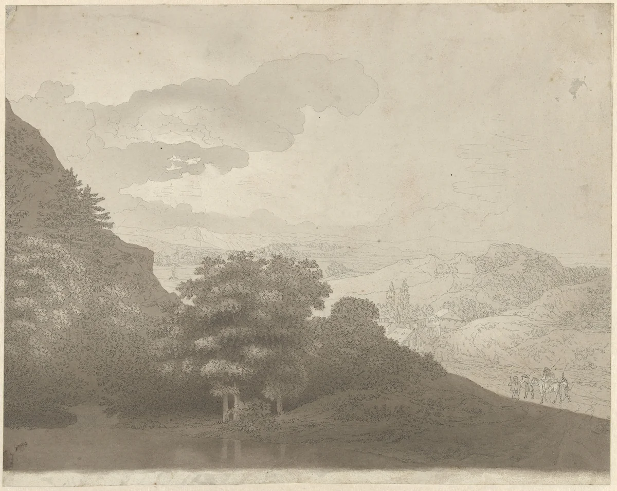 Landschap met begroeide heuvels en trekkende reizigers by Franz Edmund Weirotter, drawing, 1740-1771
