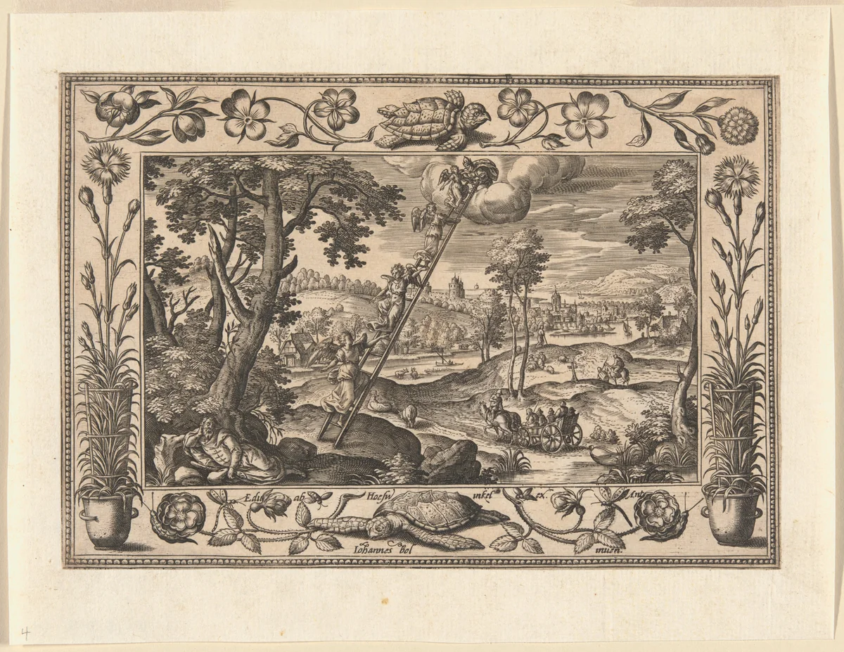 Jacob's Dream, from Landscapes with Old and New Testament Scenes and Hunting Scenes by Adriaen Collaert, print, 1584