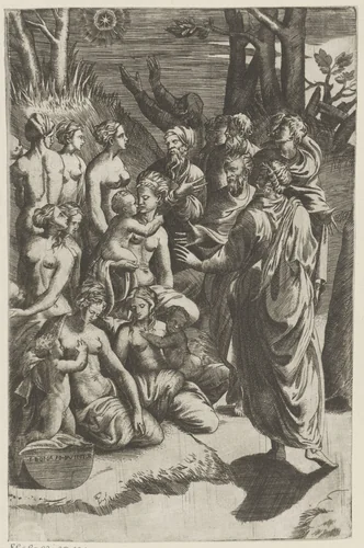 Groep figuren onder ster by Giulio Bonasone, print, 1501-1580