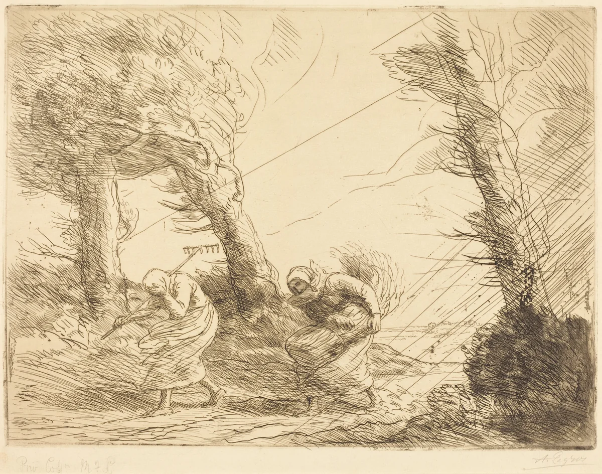 Harvesters Surprised by the Storm (Moissonneuses surprises par l'orage) by Alphonse Legros, print, 1837-1911