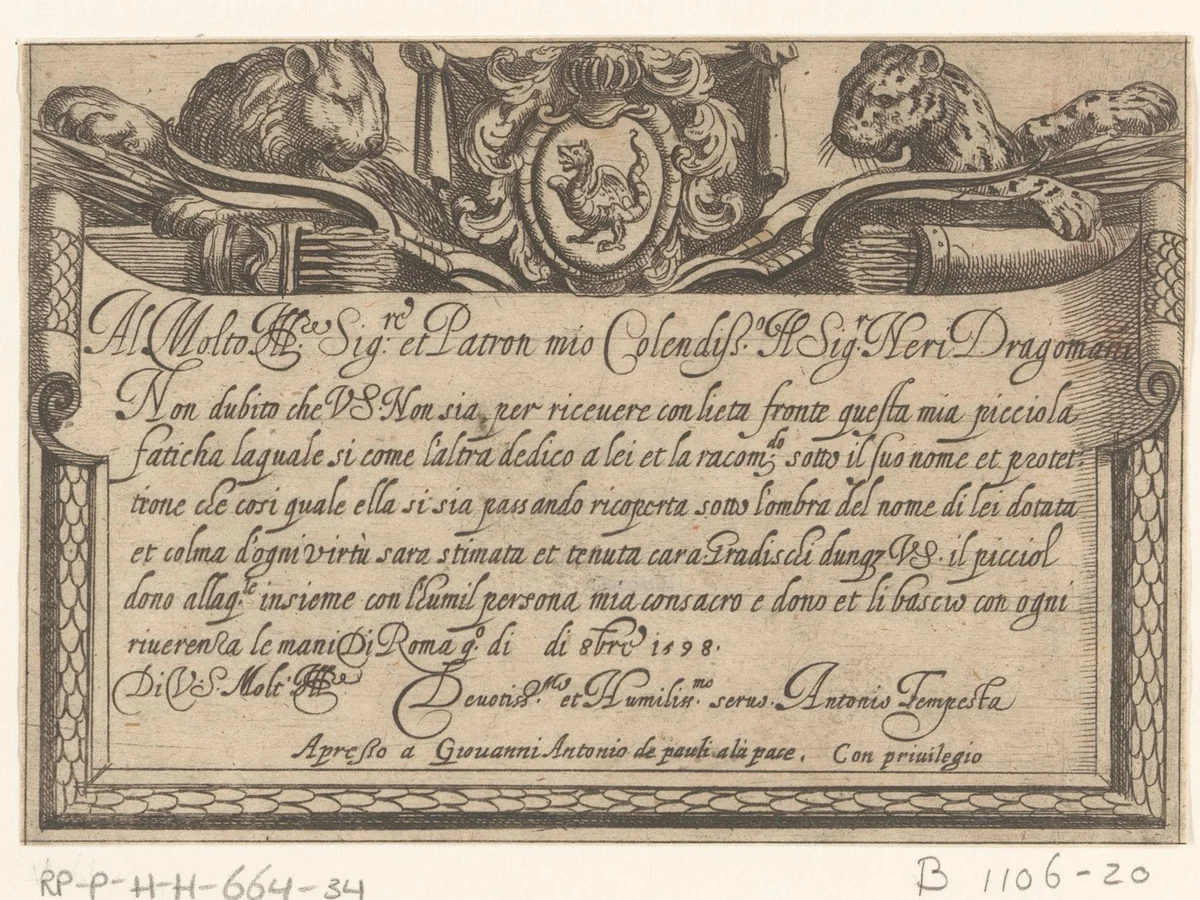 Cartouche met opdracht, leeuw en luipaard by Antonio Tempesta, print, 1598