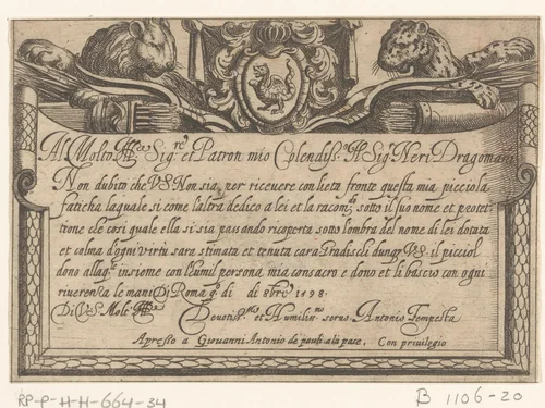 Cartouche met opdracht, leeuw en luipaard by Antonio Tempesta, print, 1598