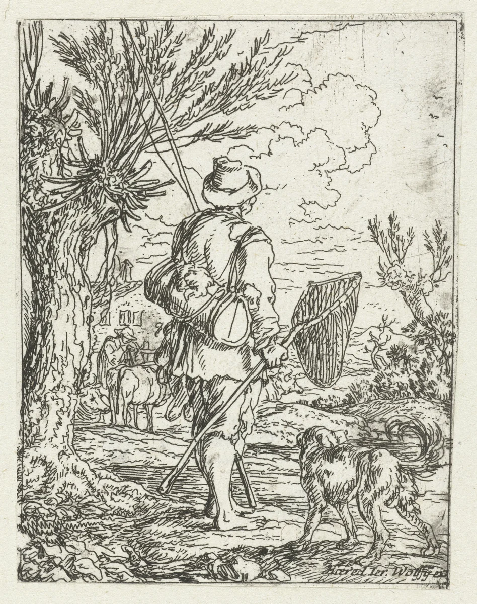 Visser met hond by Jonas Umbach, print, 1634-1693