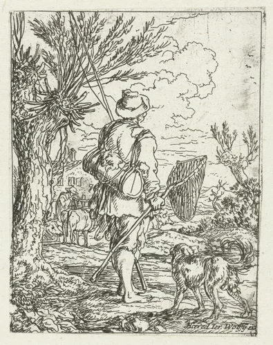 Visser met hond by Jonas Umbach, print, 1634-1693