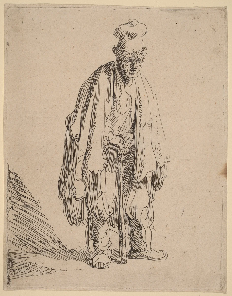 Beggar in a High Cap, Standing and Leaning on a Stick by Rembrandt van Rijn, print, 1630