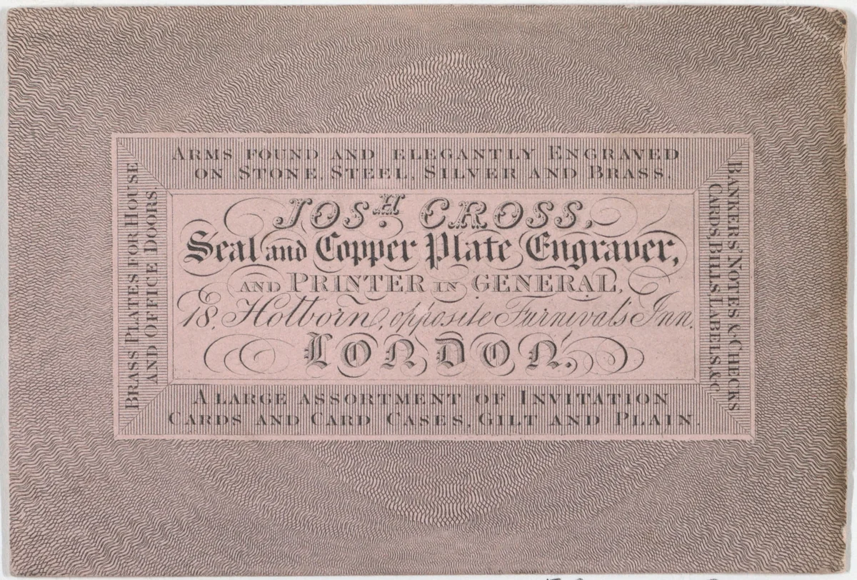 Trade Card for Joshua Cross, Seal and Copper Plate Engraver by anonymous, print, 1800-1900