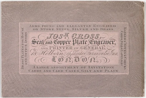 Trade Card for Joshua Cross, Seal and Copper Plate Engraver by anonymous, print, 1800-1900