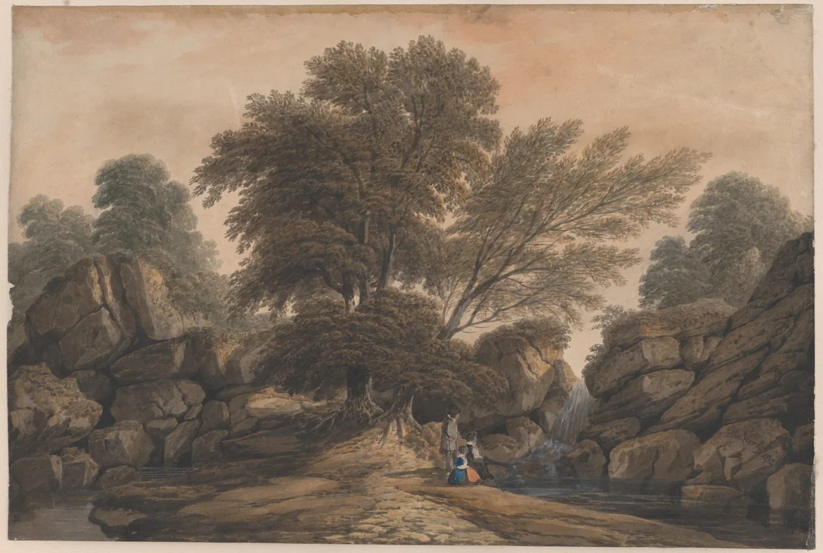 Figures beside a waterfall and pool in a wooded landscape by John Varley, drawing, 1812