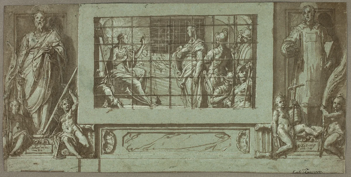 Saint Catherine in Prison Converting the Empress Faustina to Christianity, Flanked by Saints Saturnius and Simon by Federico Zuccaro, drawing, 1570-1571