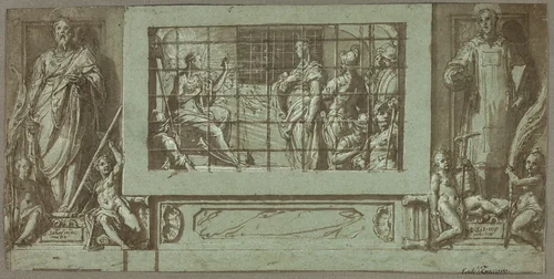 Saint Catherine in Prison Converting the Empress Faustina to Christianity, Flanked by Saints Saturnius and Simon by Federico Zuccaro, drawing, 1570-1571