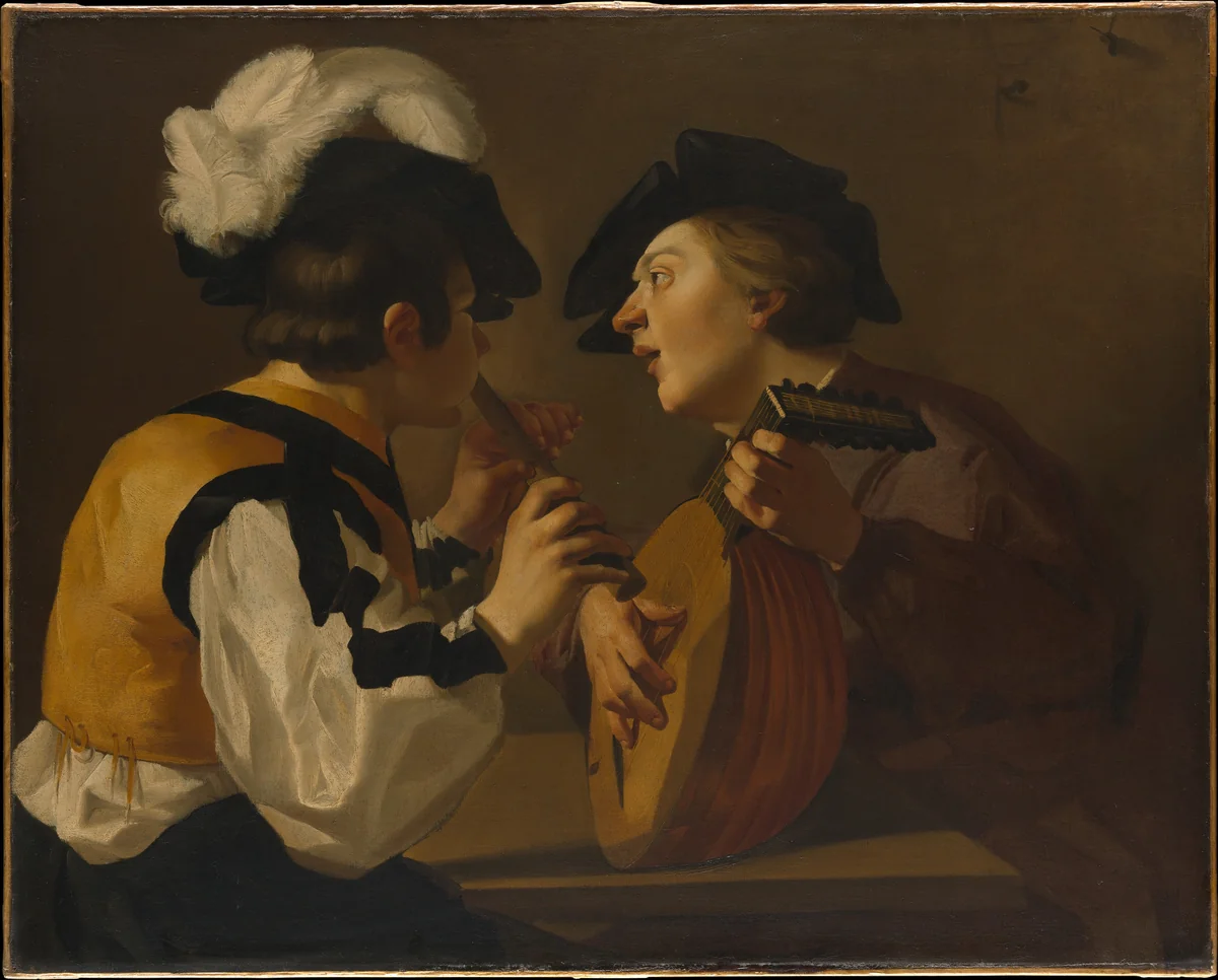 Two Musicians by Utrecht Caravaggist Painter, painting, 1600-1700