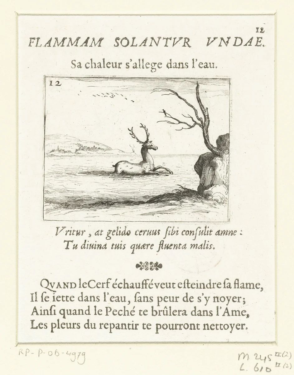 Hert zoekt verkoeling in het water by Jacques Callot, print, 1621-1635
