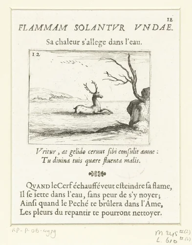 Hert zoekt verkoeling in het water by Jacques Callot, print, 1621-1635