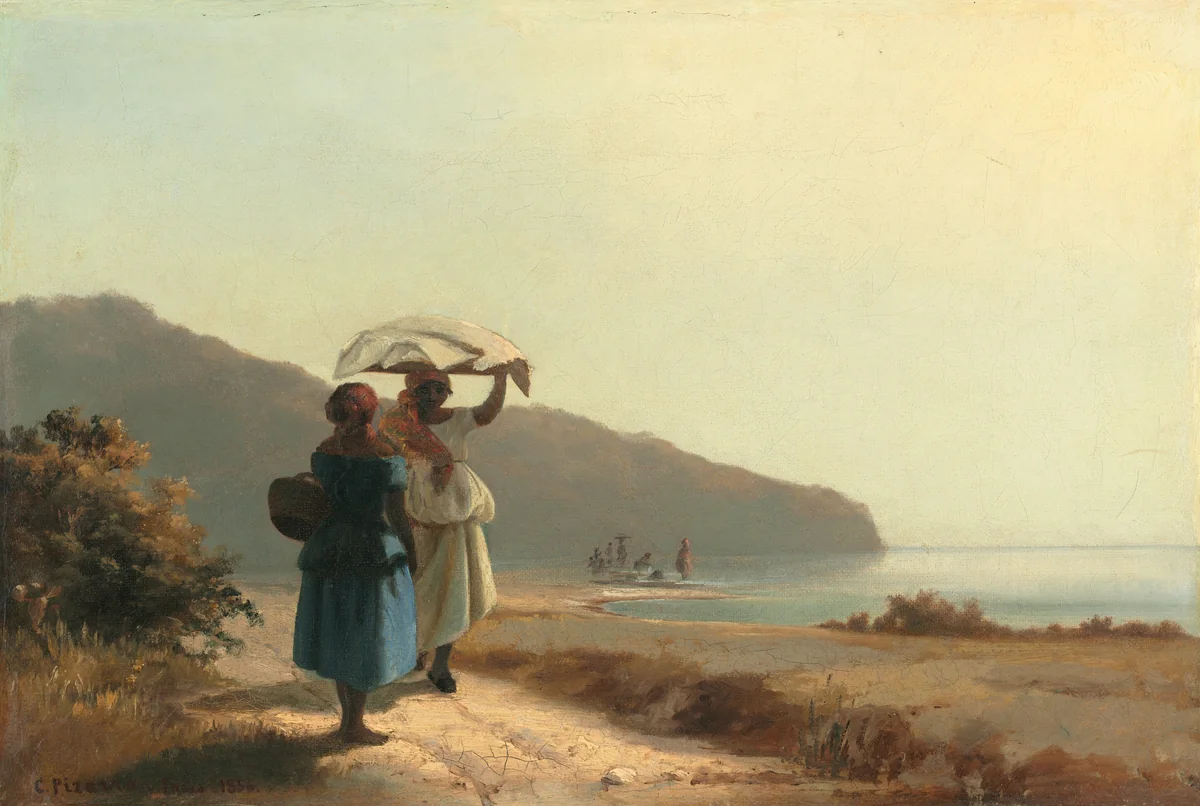 Two Women Chatting by the Sea, St. Thomas by Camille Pissarro, painting, 1856