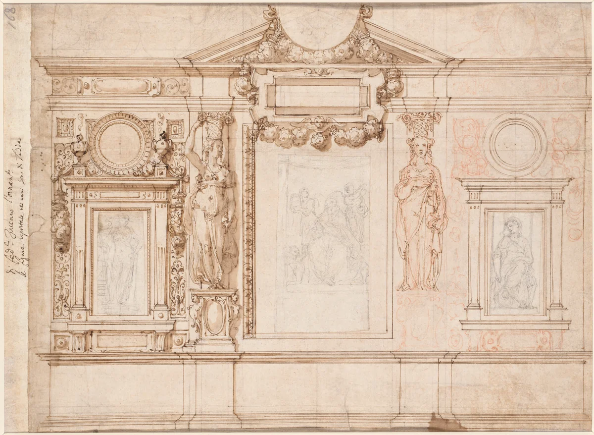 Design for a Wall Decoration with Pasted-in Sketches after Raphael (verso) by Frederico Zuccaro, drawing, 1580-1599