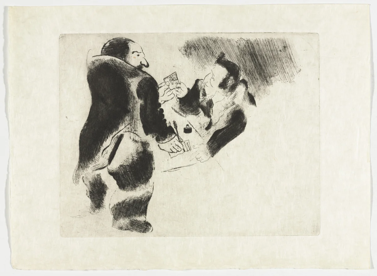 The Deposit (Les Arrhes), plate XXXVIIter (supplementary suite) from Les Âmes mortes by Marc Chagall, illustrated book, 1923