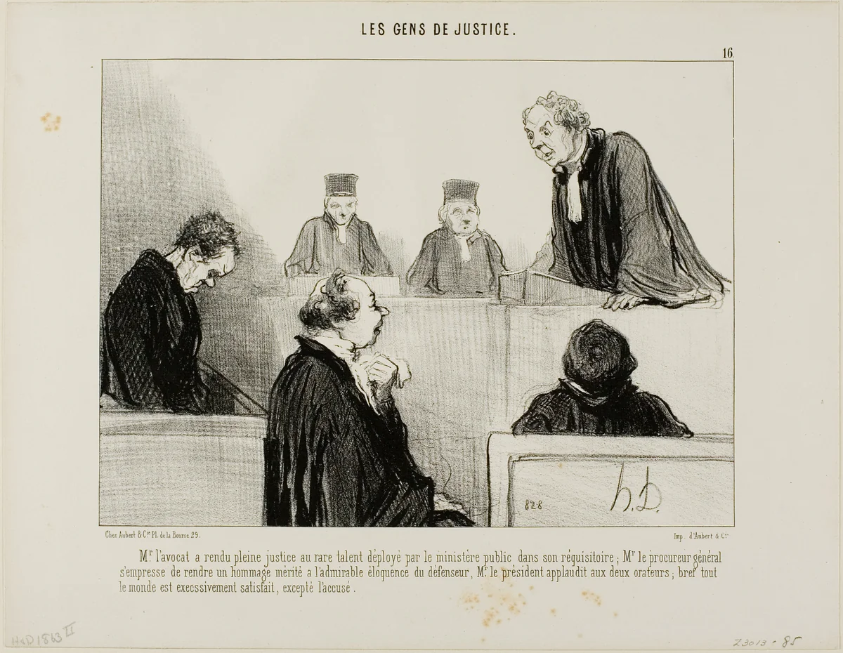 The defense compliments the talent of the prosecution, while the Attorney General admires the eloquence of the defense. The judge applauds both of them and everybody is satisfied, except he accused, plate 16 from Les Gens De Justice by Honoré-Victorin Daumier, print, 1846