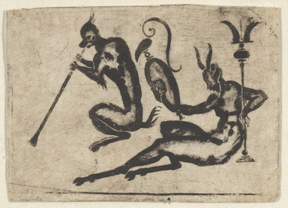 Blackwork Design for Goldsmithwork with Satyr and Monkey by Mathais Beitler, print, 1577-1621