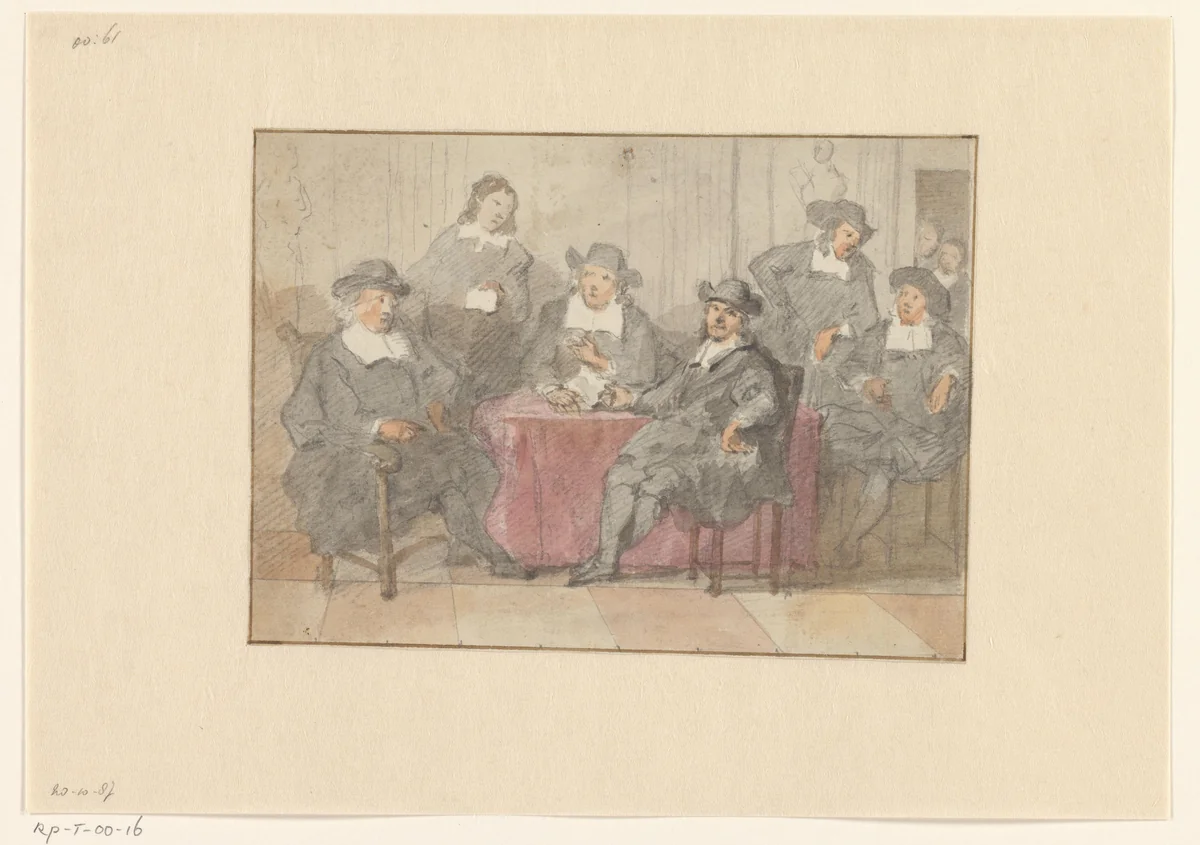 Groepsportret van zes heren zittend en staand rond een tafel by anonymous, drawing, 1700-1800