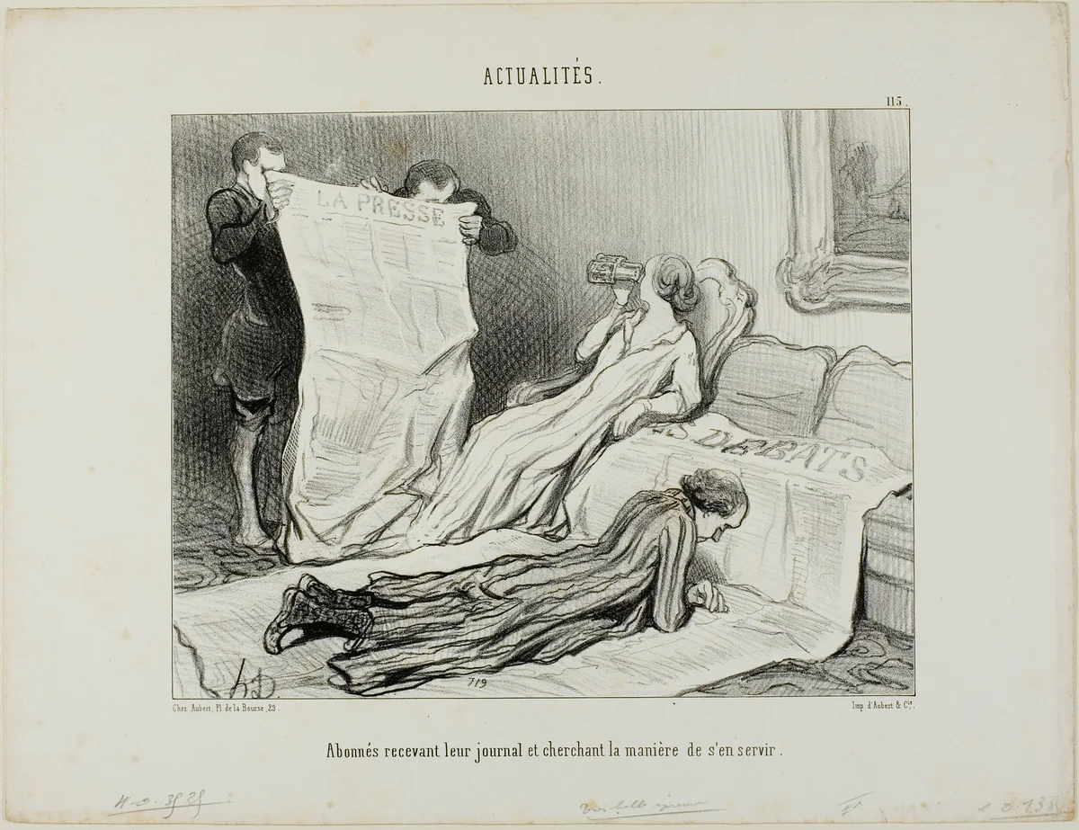 Subscribers Tyring to Cope with Their Paper, plate 115 from Actualités by Honoré-Victorin Daumier, print, 1845
