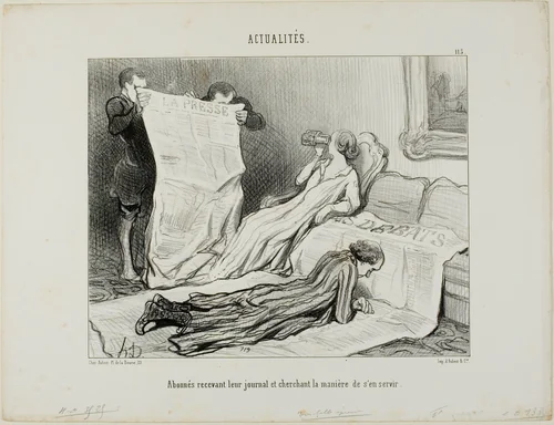 Subscribers Tyring to Cope with Their Paper, plate 115 from Actualités by Honoré-Victorin Daumier, print, 1845