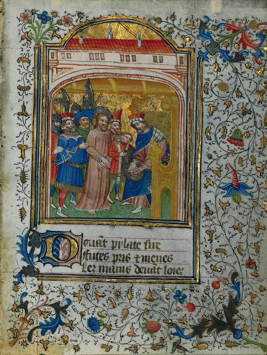 Christ before Pilate: Leaf from a Book of Hours (2 of 6 Excised Leaves) by Henri d'Orquevaulx, manuscript, 1415-1435