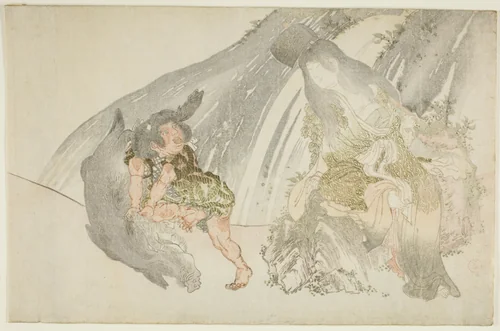 Yamauba Watching Kintaro Wrestle a Boar by Kubo Shunman (窪俊満), print, 1780-1820