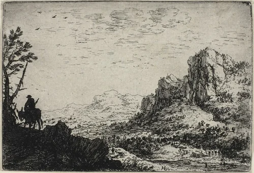 A Traveller Riding a Mule, from Six Landscapes by Herman Saftleven, print, 1640-1646