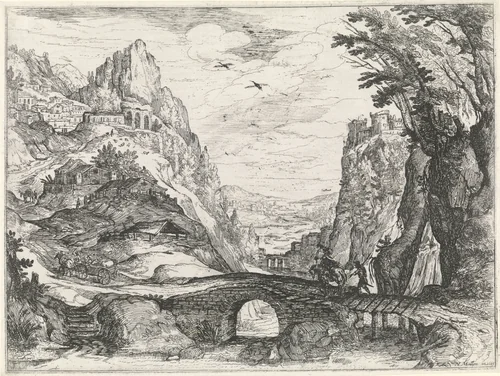 Berglandschap met stenen brug by Nicolas Moillon, print, 1613