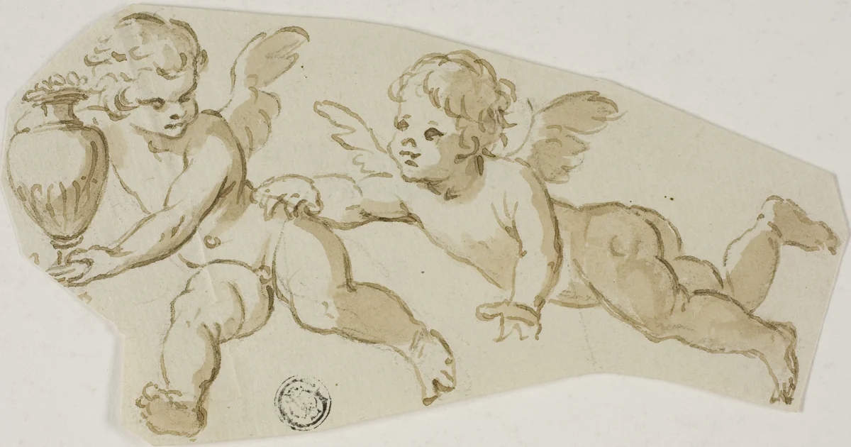 Putto Chasing Another Putto Carrying a Vase by Unknown Artist, drawing, 1600-1699