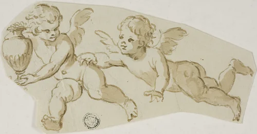 Putto Chasing Another Putto Carrying a Vase by Unknown Artist, drawing, 1600-1699