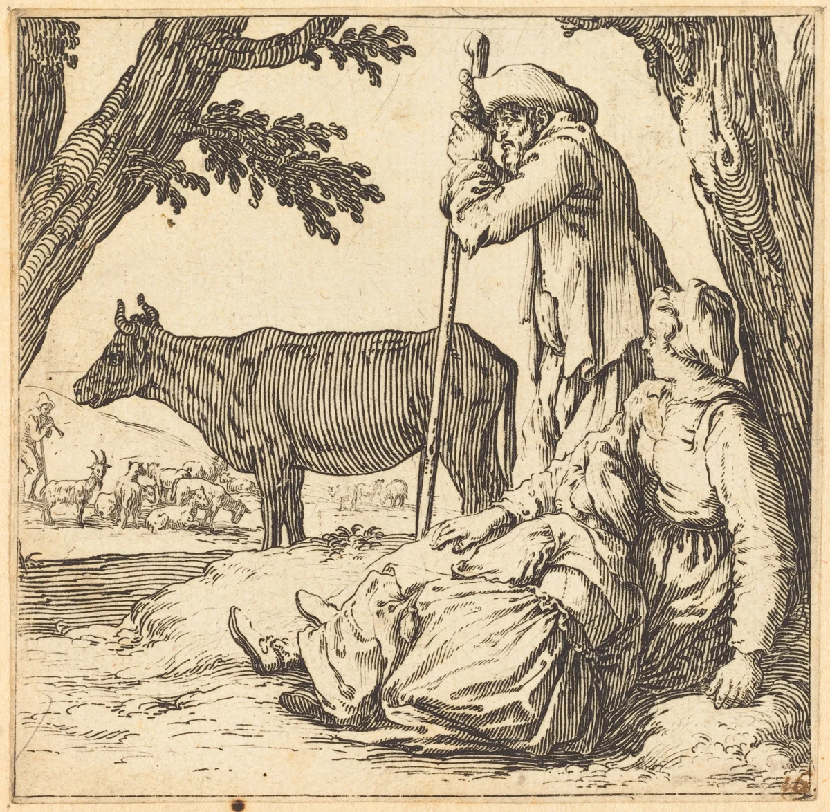Peasant Couple with Cow by Jacques Callot, print, 1621