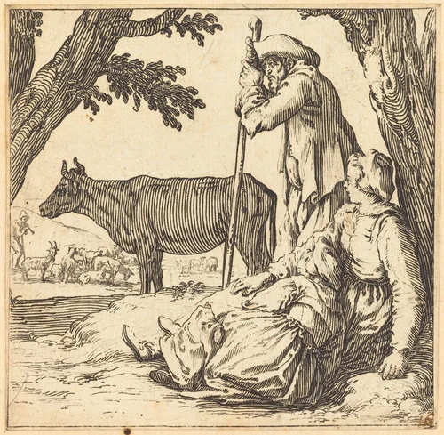 Peasant Couple with Cow by Jacques Callot, print, 1621