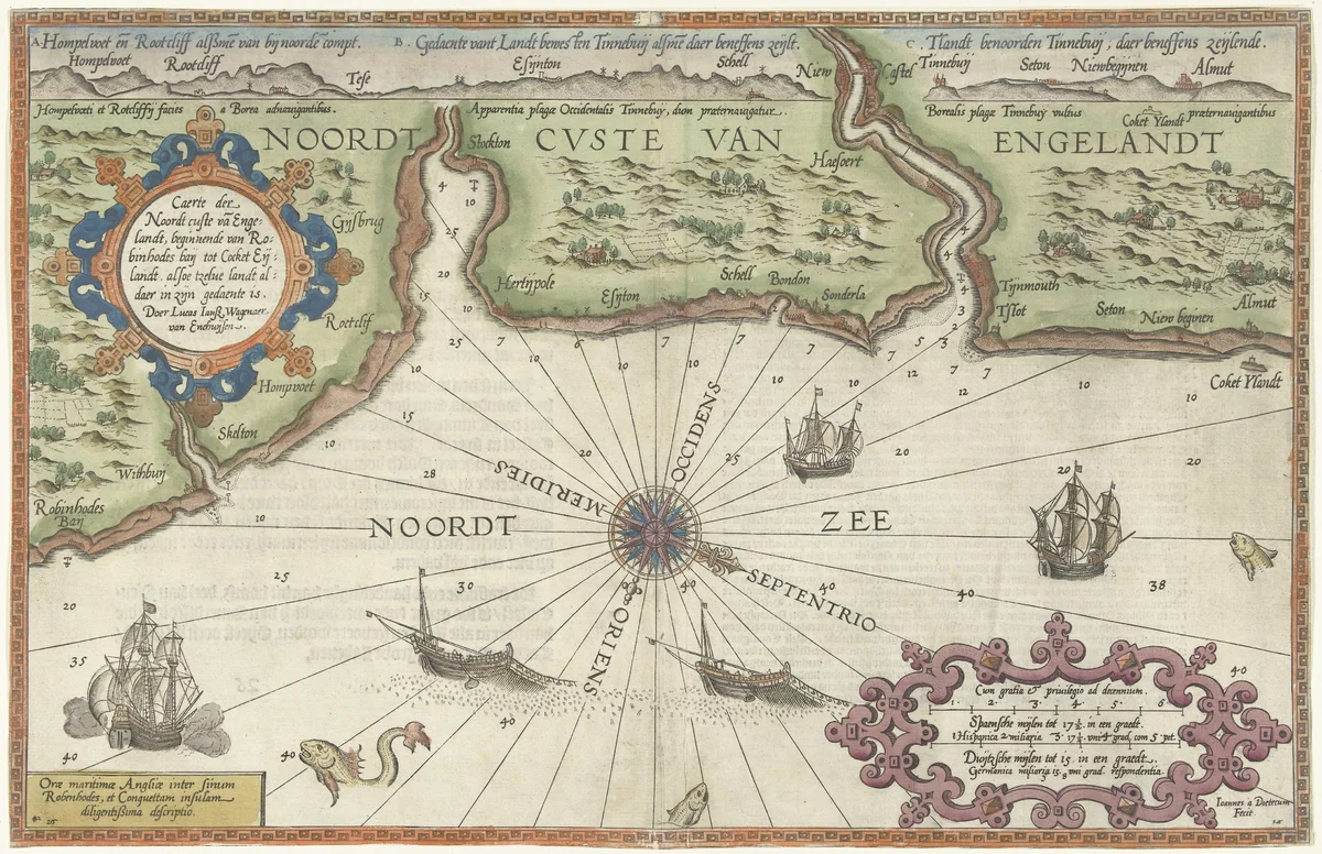Kaart van de noordkust van Engeland bij Newcastle upon Tyne by Unknown, print, 1580-1583