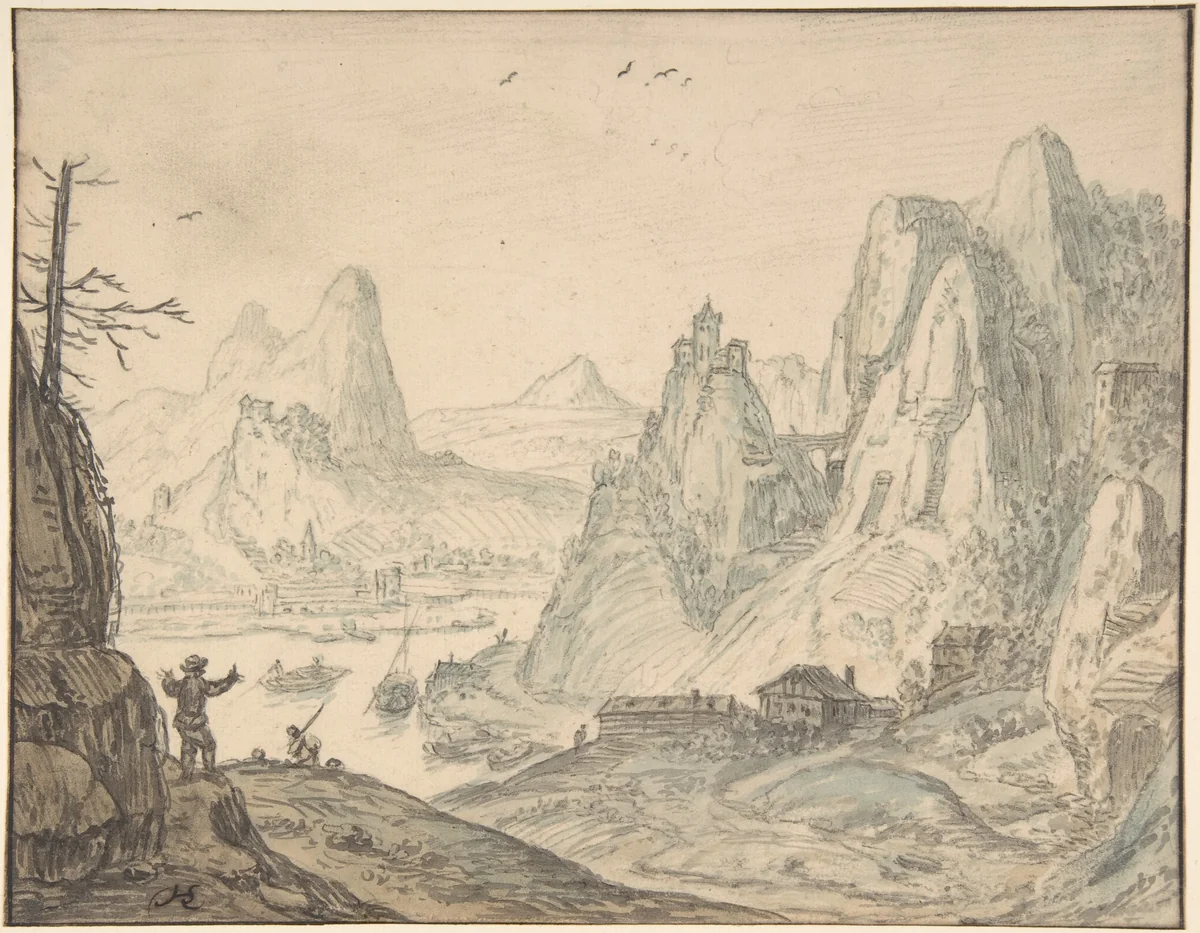 River Landscape with Mountains by Herman Saftleven II, drawing, 1620-1685