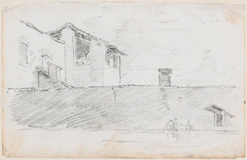 Housetops behind a Wall by Hubert Robert, drawing, 1754-1765