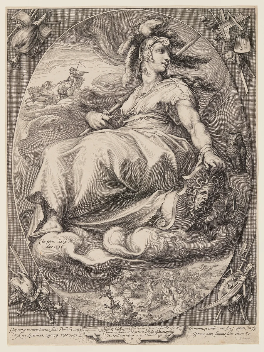 Pallas Athena, from Three Goddesses Seated in the Clouds by Jan Saenredam, print, 1596