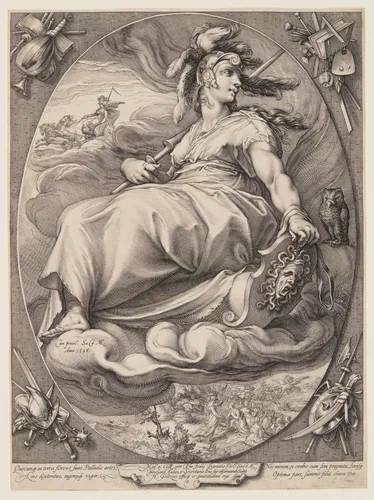 Pallas Athena, from Three Goddesses Seated in the Clouds by Jan Saenredam, print, 1596