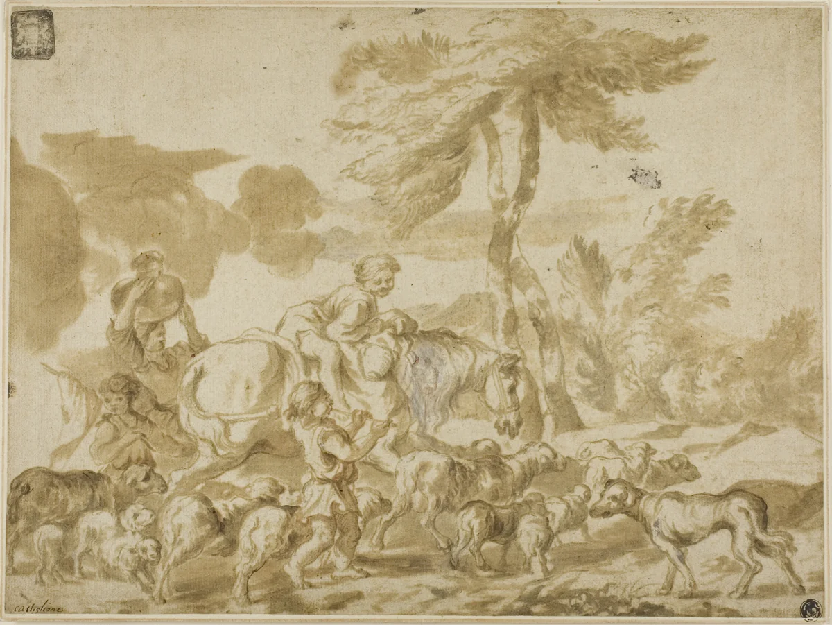 Peasant Family with Sheep and Dog by Giovanni Benedetto Castiglione, drawing, 1600-1699