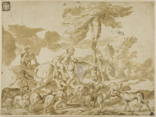 Peasant Family with Sheep and Dog by Giovanni Benedetto Castiglione, drawing, 1600-1699