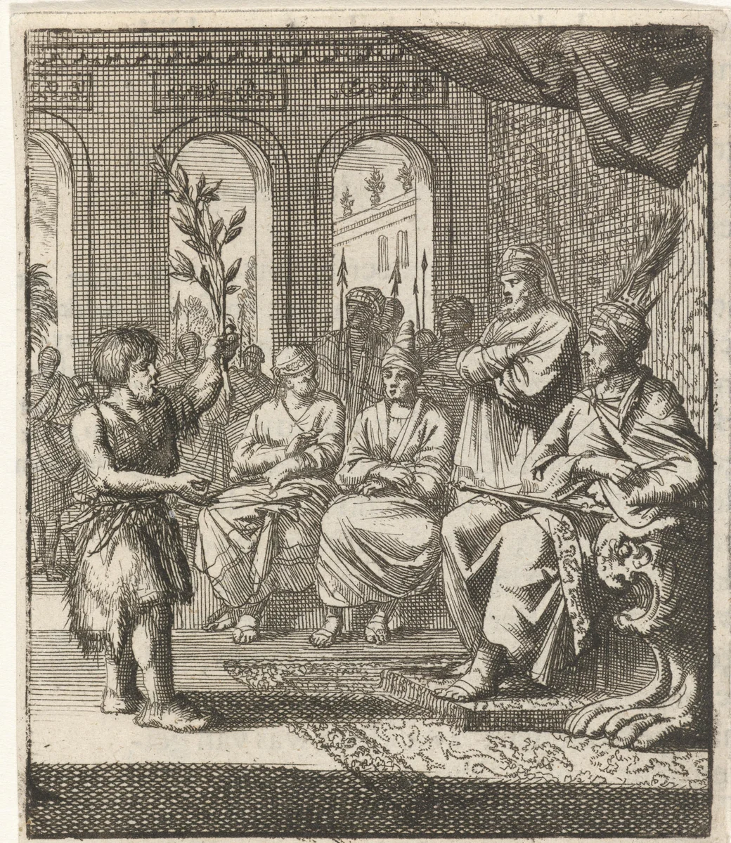 Boer spreekt met een olijftak in de hand tot de vorst en zijn raadslieden by Jan Luyken, print, 1693